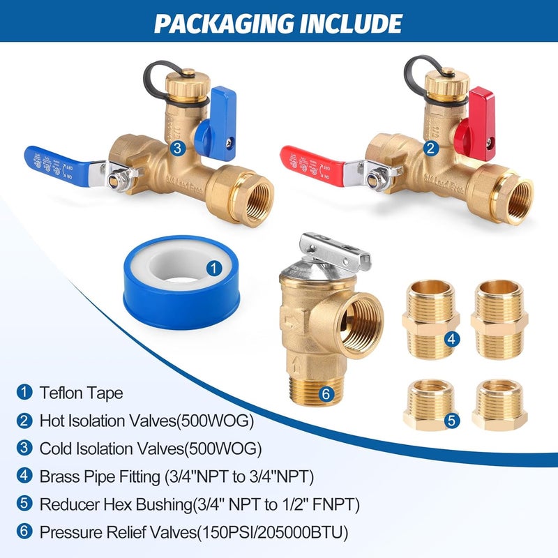 FIDISP 8Pcs 3/4 Inch IPS Isolator Tankless Water Heater Valve Kit with 2Pcs 3/4" NPT to 1/2" FNPT and 2Pcs Brass Pipe Fitting, Tankless Water Heater Flushing Kit with Pressure Relief Valve, Clean Brass - Image 4